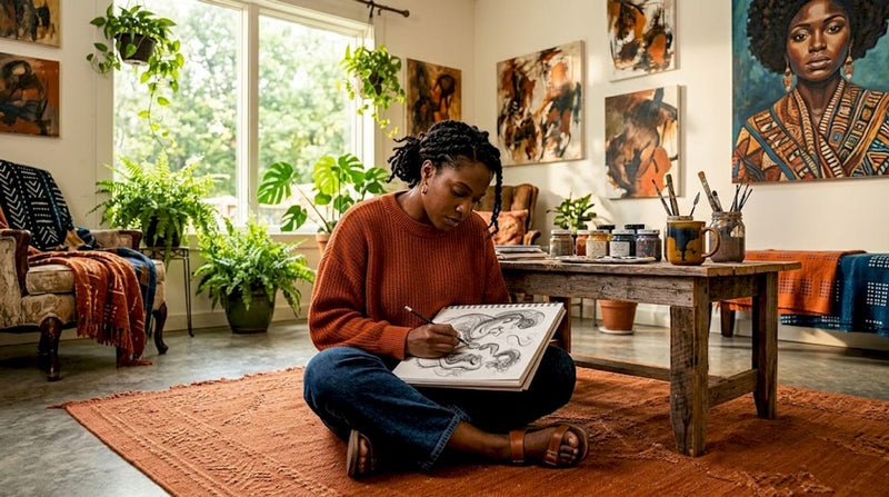 Black artist sketching in home studio