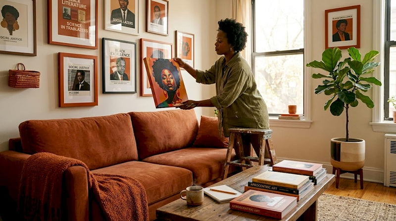 Woman arranging Black Excellence wall art in living room