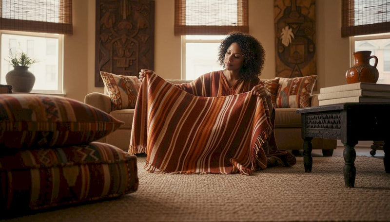 Afrocentric living room with art, textiles, and woman