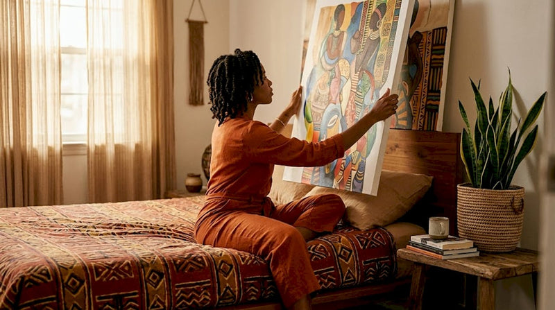 Woman selects Afrocentric art for bedroom wall
