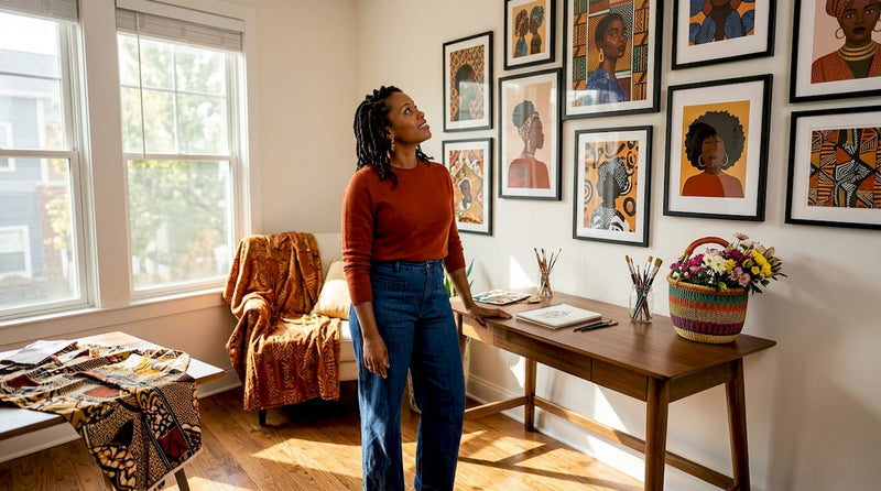 Woman admiring Afrocentric art gallery wall