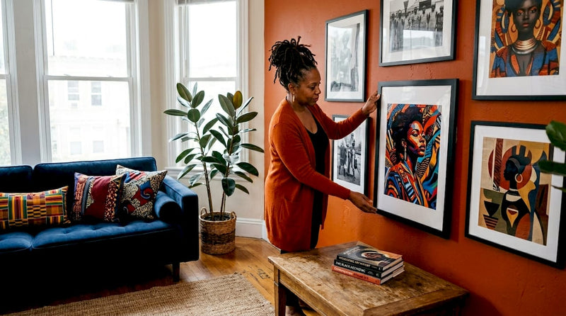 Woman hanging Black heritage wall art in living room