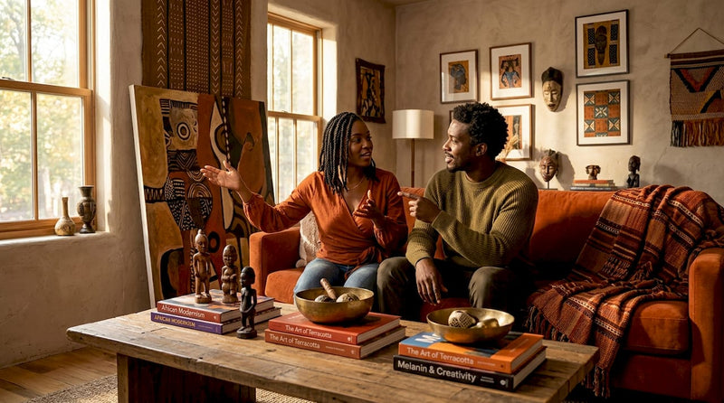 Couple positioning African art in modern living room