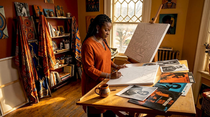 Artist sketching Harlem Renaissance-inspired painting