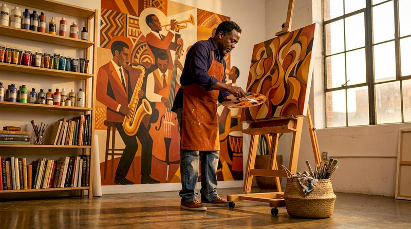 Artist painting in Harlem studio, 1920s