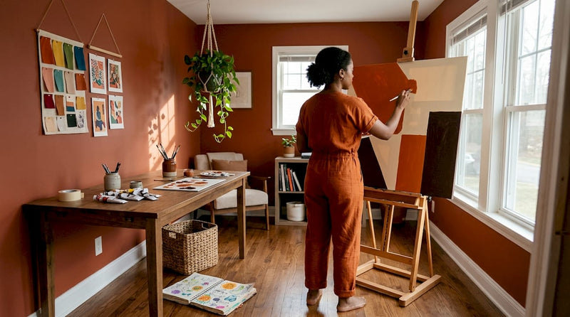 Artist creating abstract African painting in studio