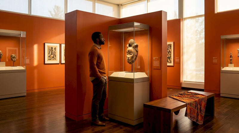 Man viewing African mask in art gallery