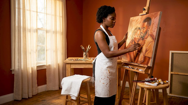 Artist painting warm black couple portrait