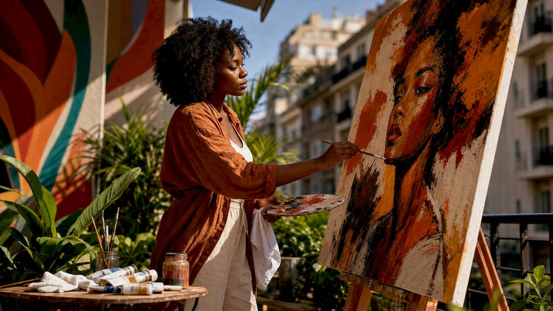 Black female artist painting vibrant portrait in studio