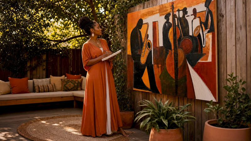 Woman admiring jazz art in living room