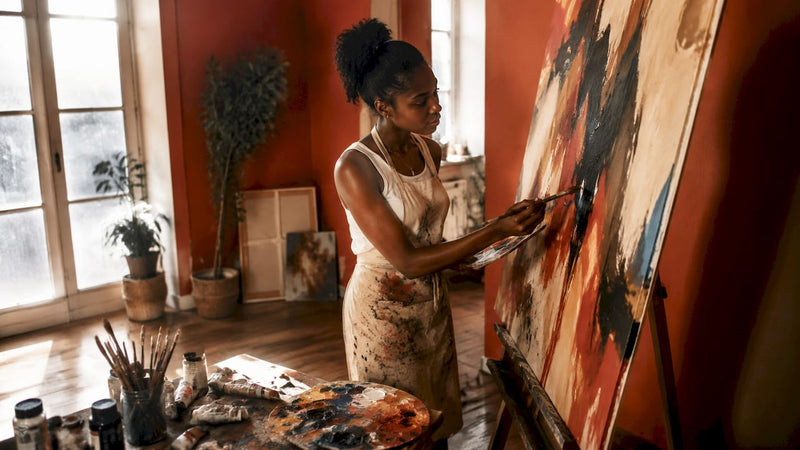 Black female artist painting in art studio