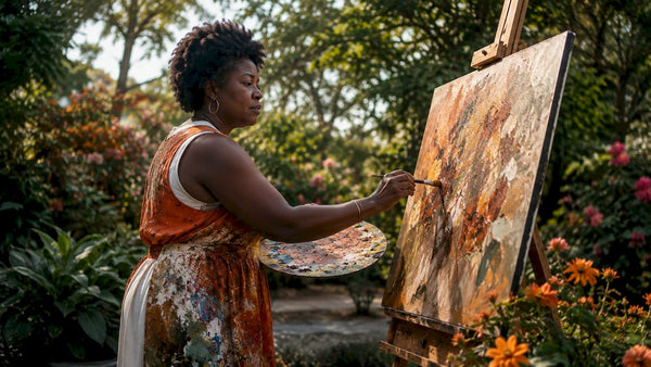 African American female artist painting in studio