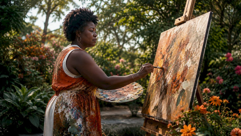 African American female artist painting in studio