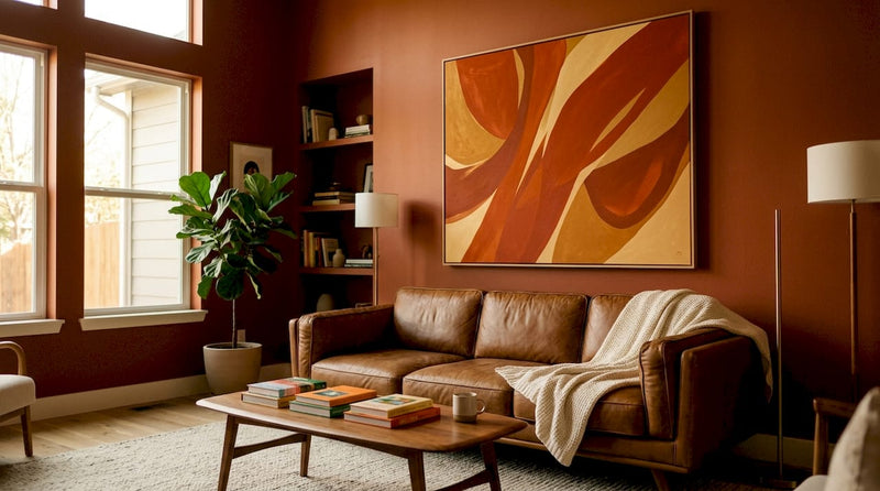 Modern living room with large statement wall art