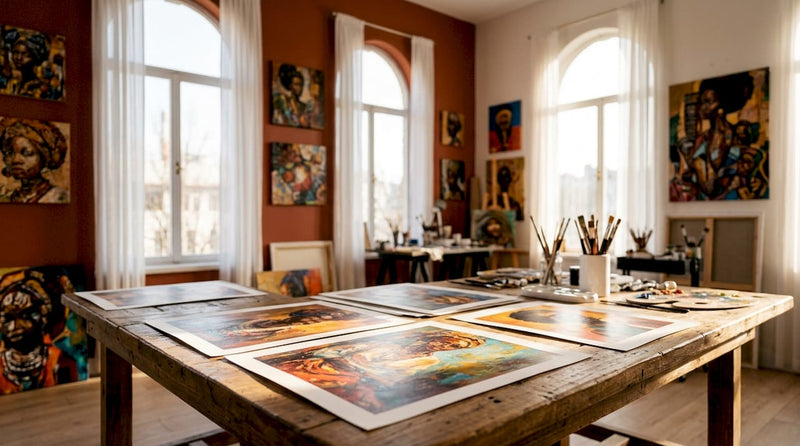 Print samples inspired by oil paintings in minimalist room