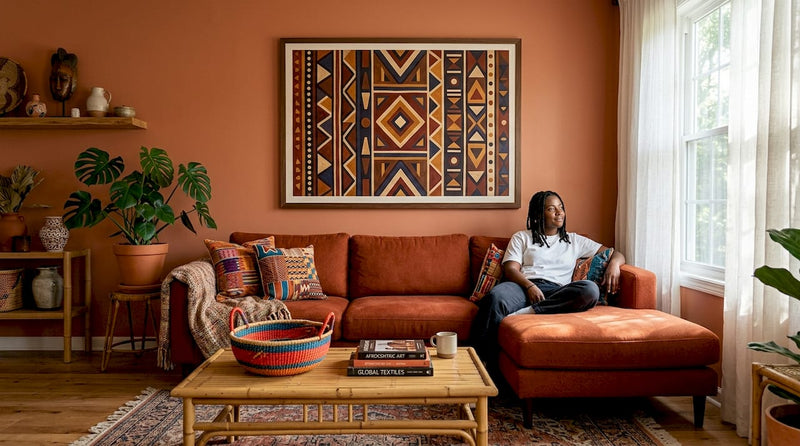 Minimalist living room with Afrocentric art piece on wall