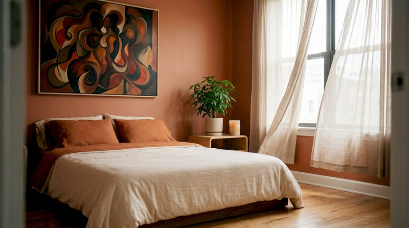 Minimalist modern bedroom with black love abstract art