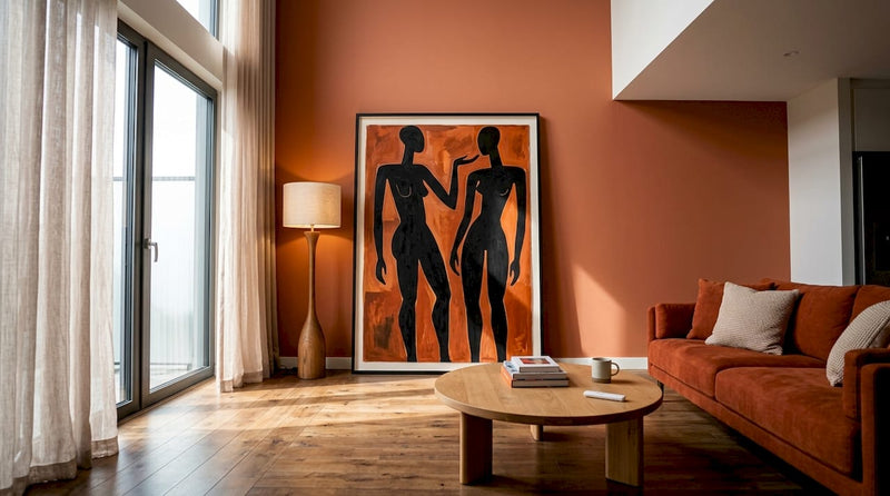 Modern living room with bold black artwork