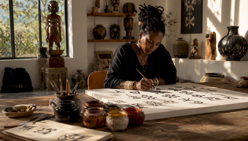 Artist painting Adinkra symbols on white cloth