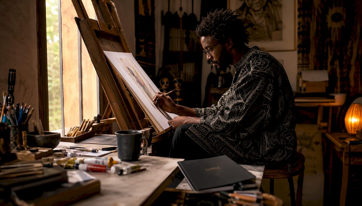 Afrofuturism artist sketching futuristic designs