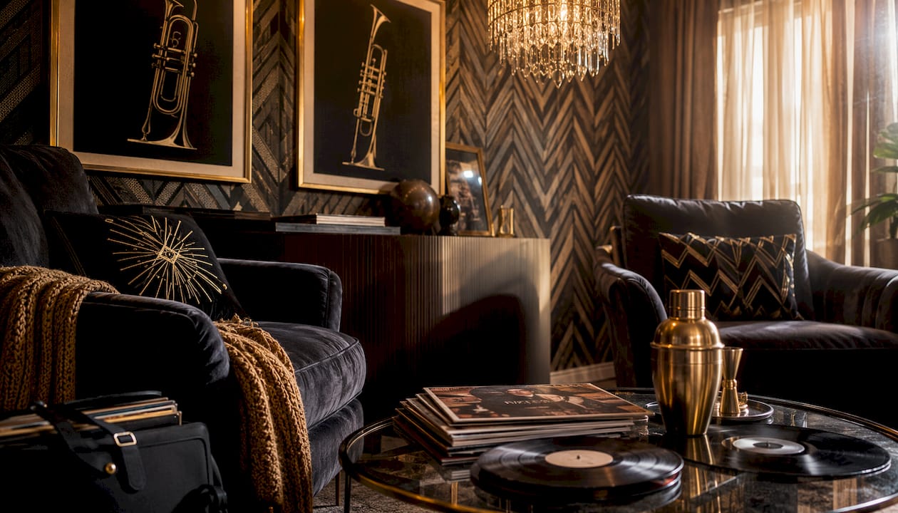 Vintage jazz styled living room with velvet and gold accents