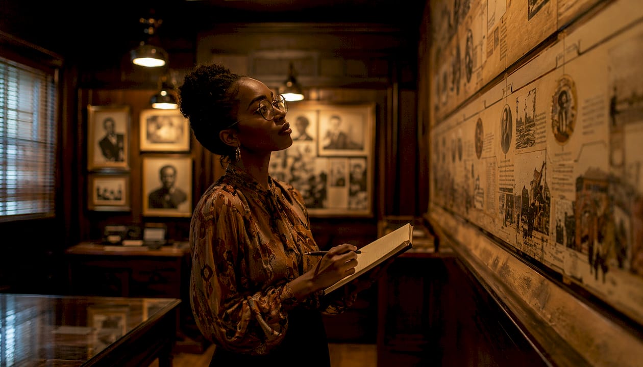 Art historian reviewing Black art timeline mural