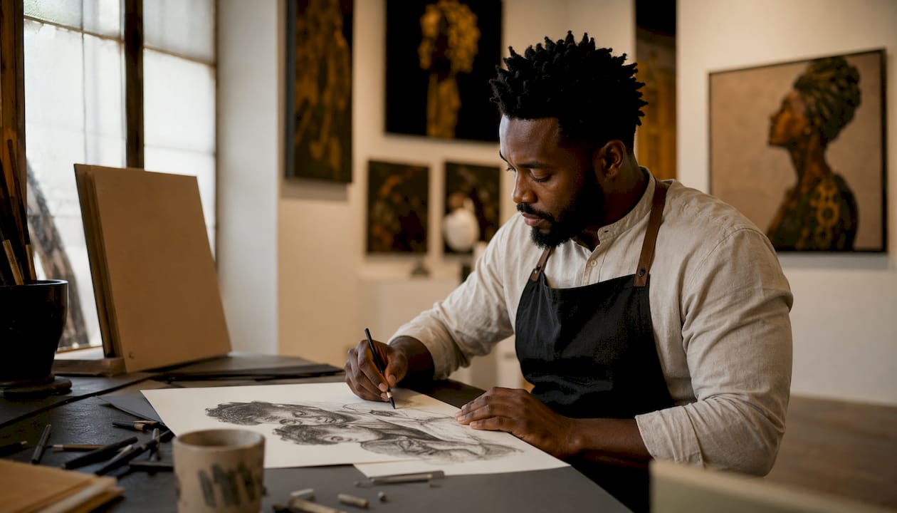 Black artist sketching father-child portrait