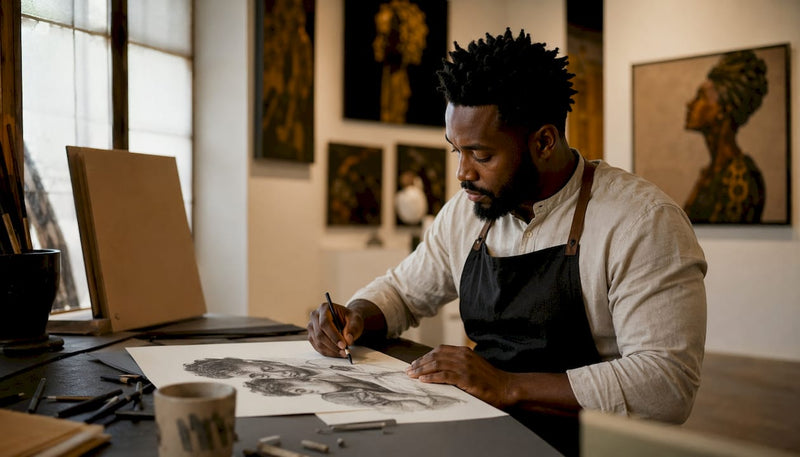 Black artist sketching father-child portrait