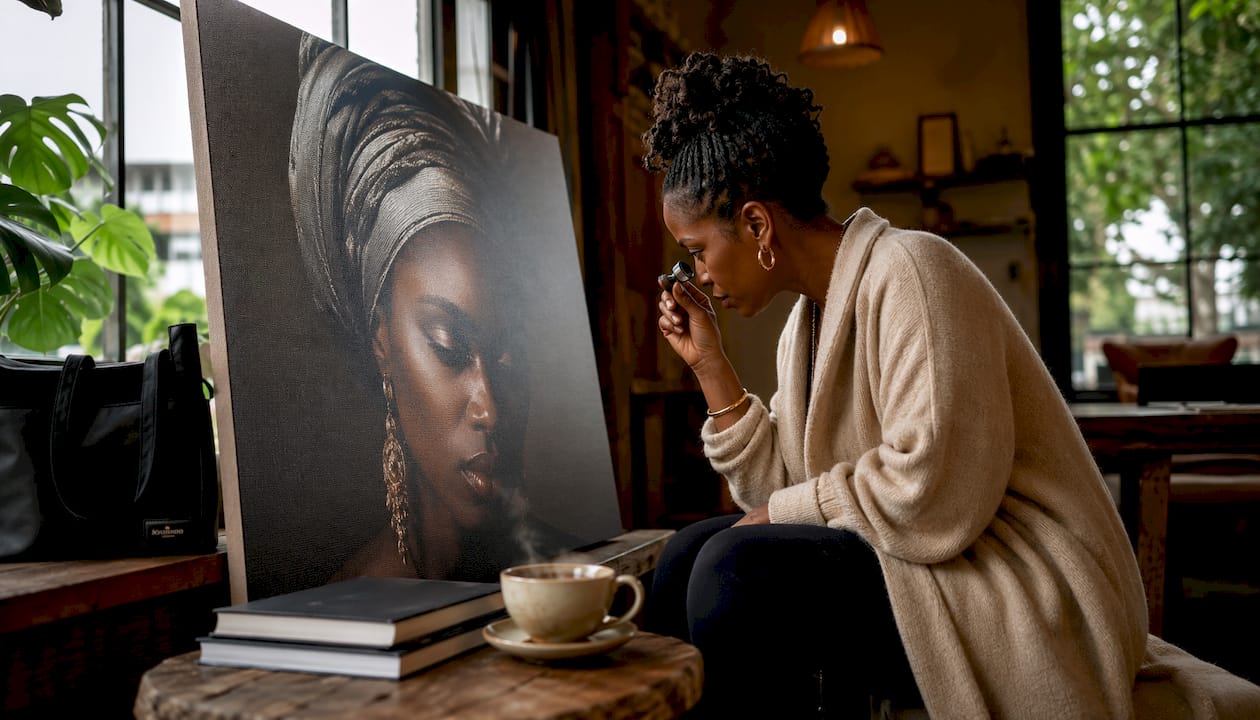 Art collector examining archival canvas print