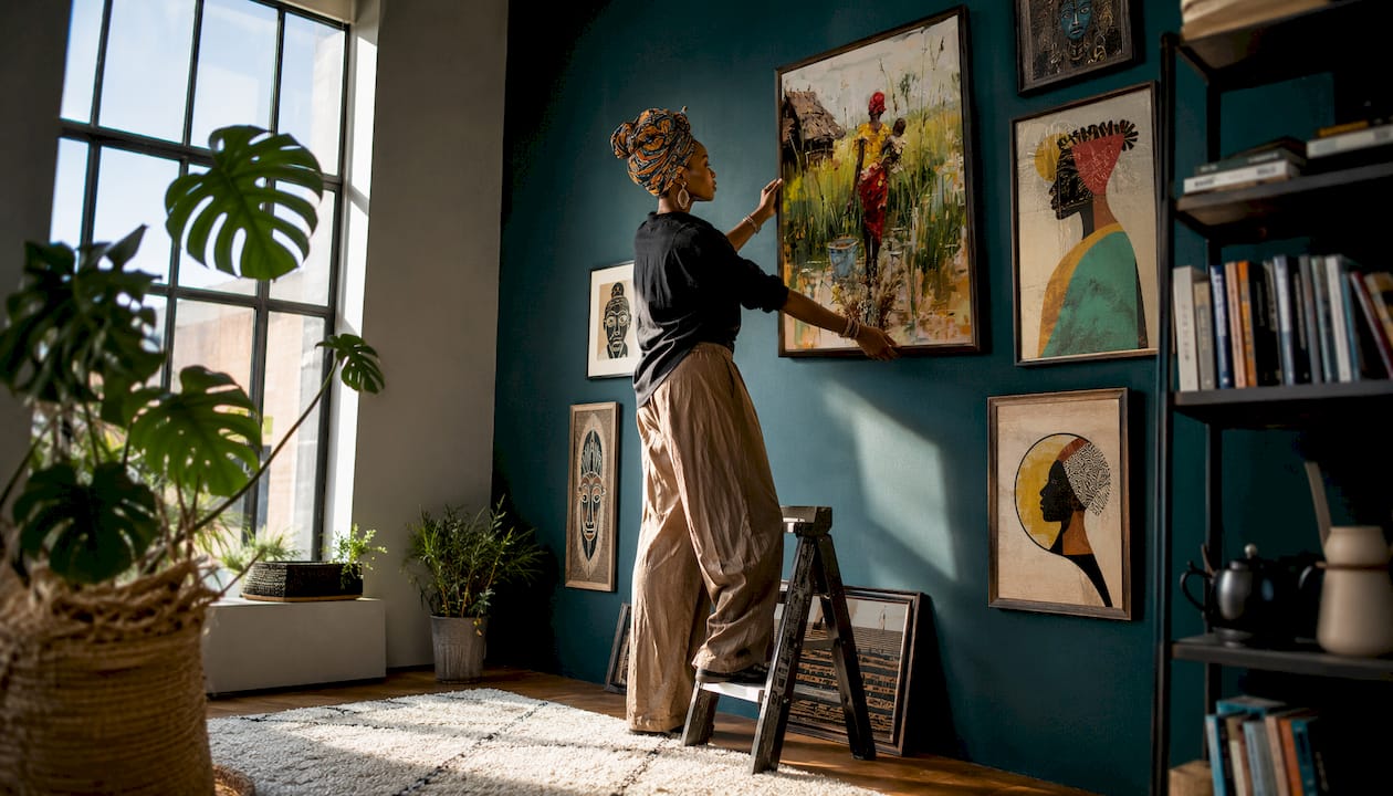 Woman hanging Afrocentric art in living room