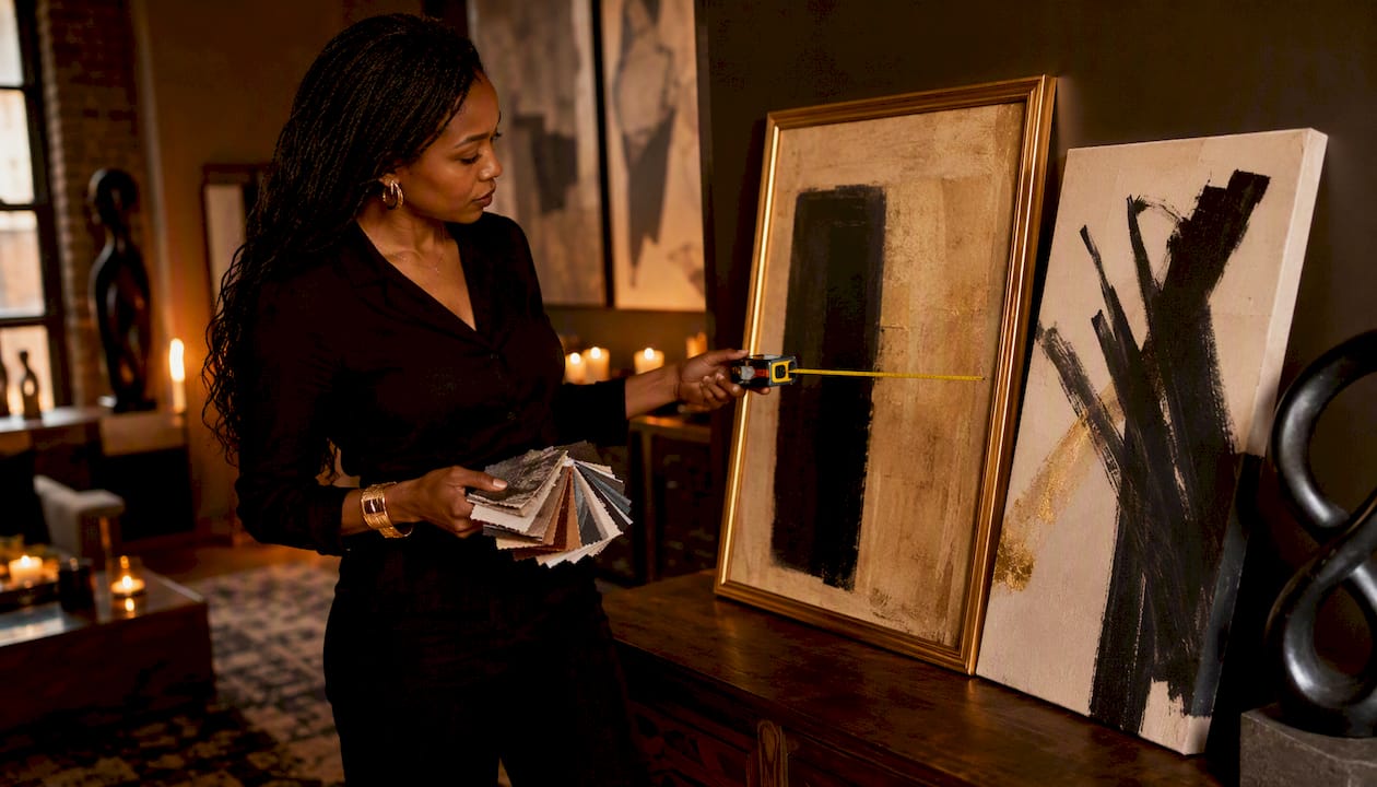 Interior designer comparing framed and unframed canvases