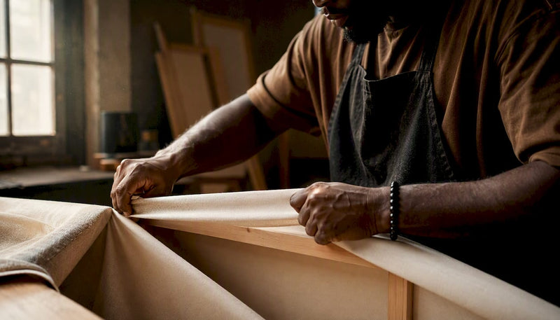 Craftsman stretching canvas on wooden bar