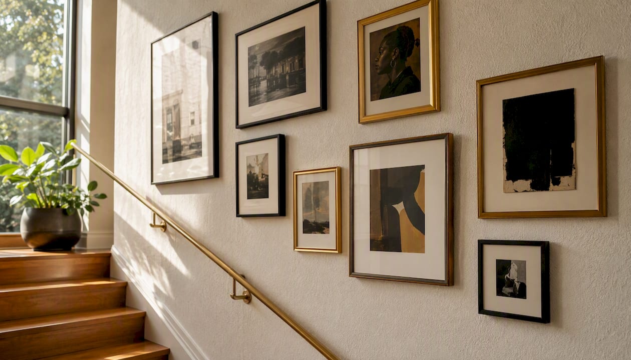 Gallery wall on staircase with art frames arranged