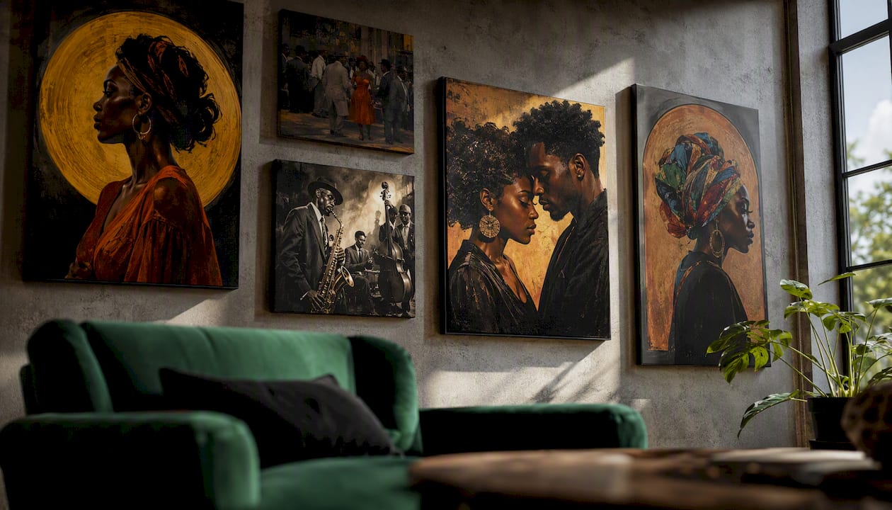 Salon wall with Black cultural art in modern living room