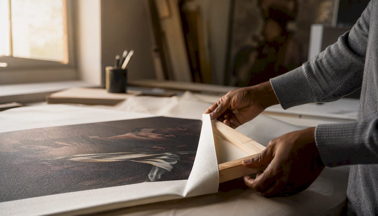 Hands holding archival canvas print in studio