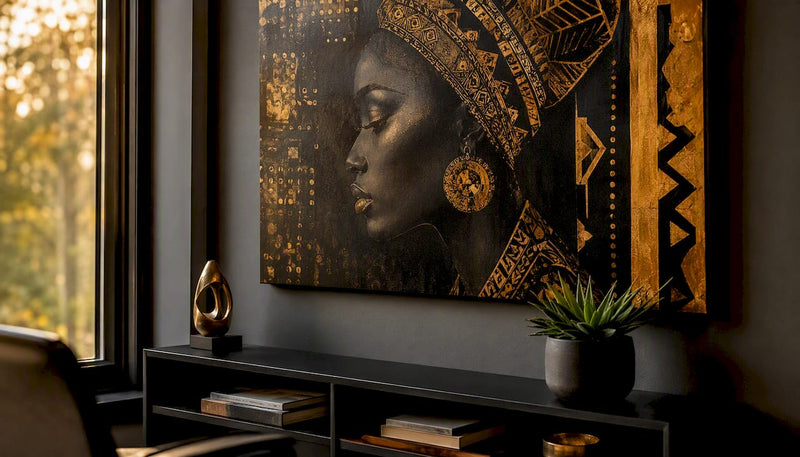 Black and gold Afrocentric wall art in modern interior