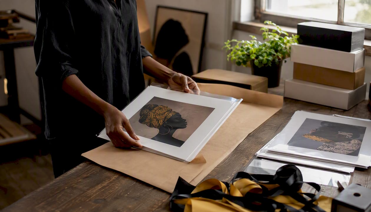 Hands packaging Black art prints in a shop