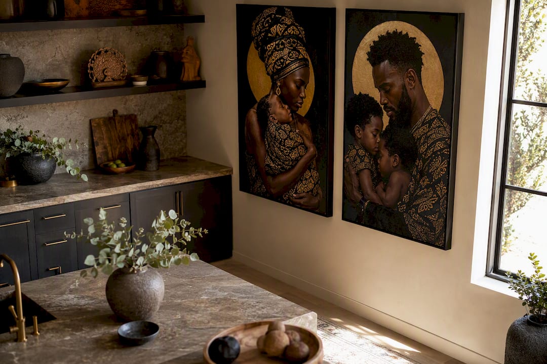 Living room with Afrocentric Black art on wall