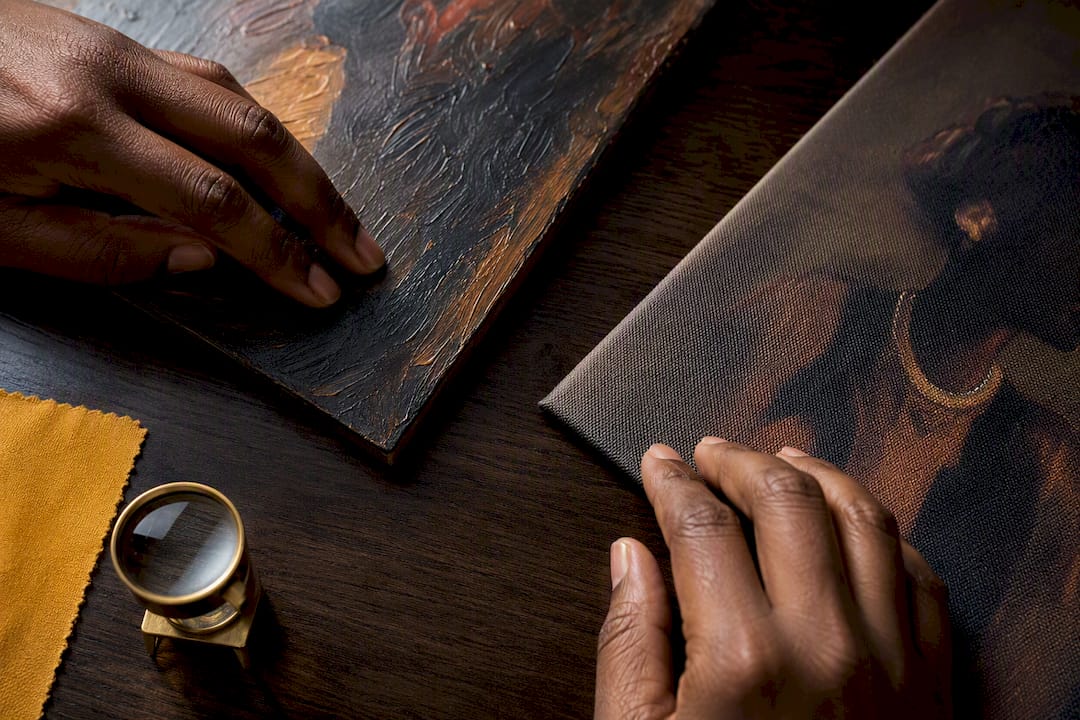 Hands comparing original and archival canvas textures