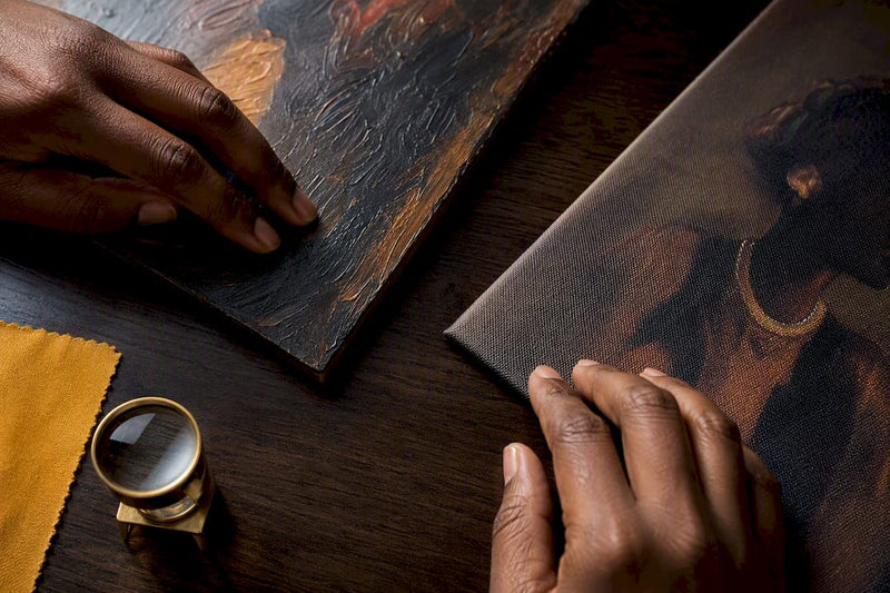 Hands comparing original and archival canvas textures