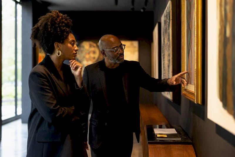 Buyer comparing Black art in independent gallery
