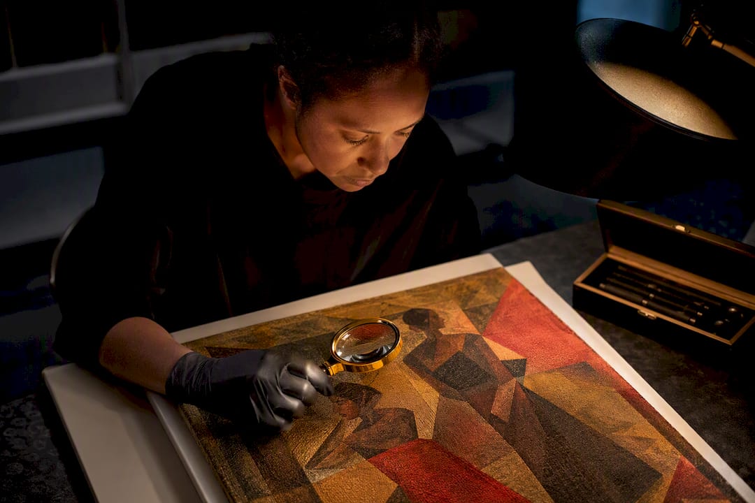 Archival curator inspecting 1920s figurative oil painting, museum-grade floater framing under directional gallery illumination, by Noirci Studio