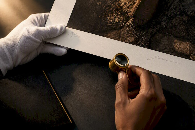 Hands examining artist proof print details