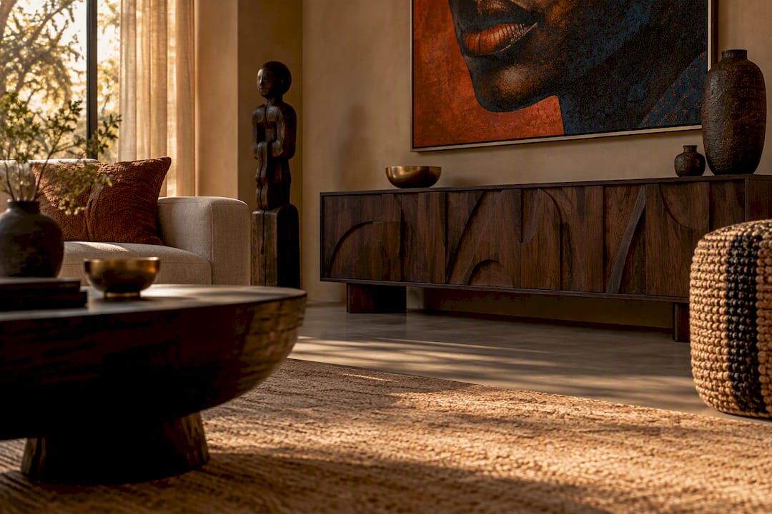 Afrocentric room anchored by statement artwork