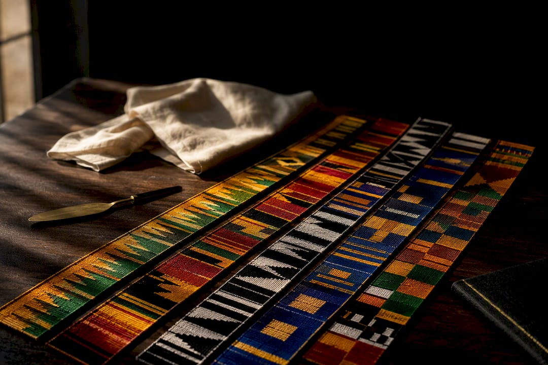 Kente textile strips in Afrocentric colors
