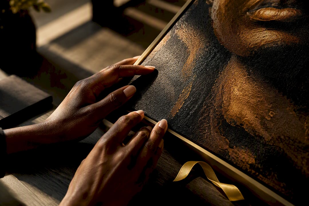 Hands examining archival Black art canvas