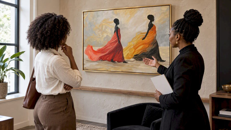 Buyer discussing canvas provenance with curator