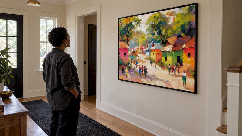 Homestead African landscape canvas in an entryway