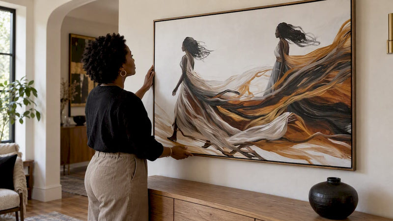 Collector examining archival Black art canvas