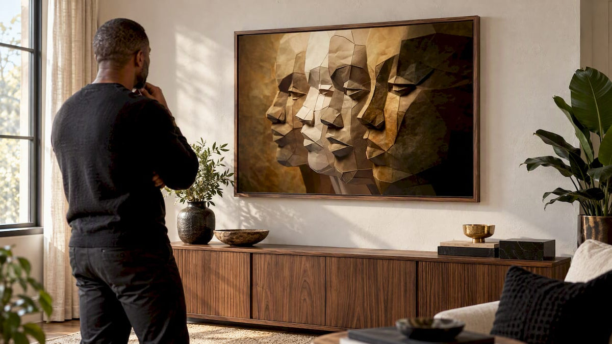 Black men friendship canvas displayed in apartment